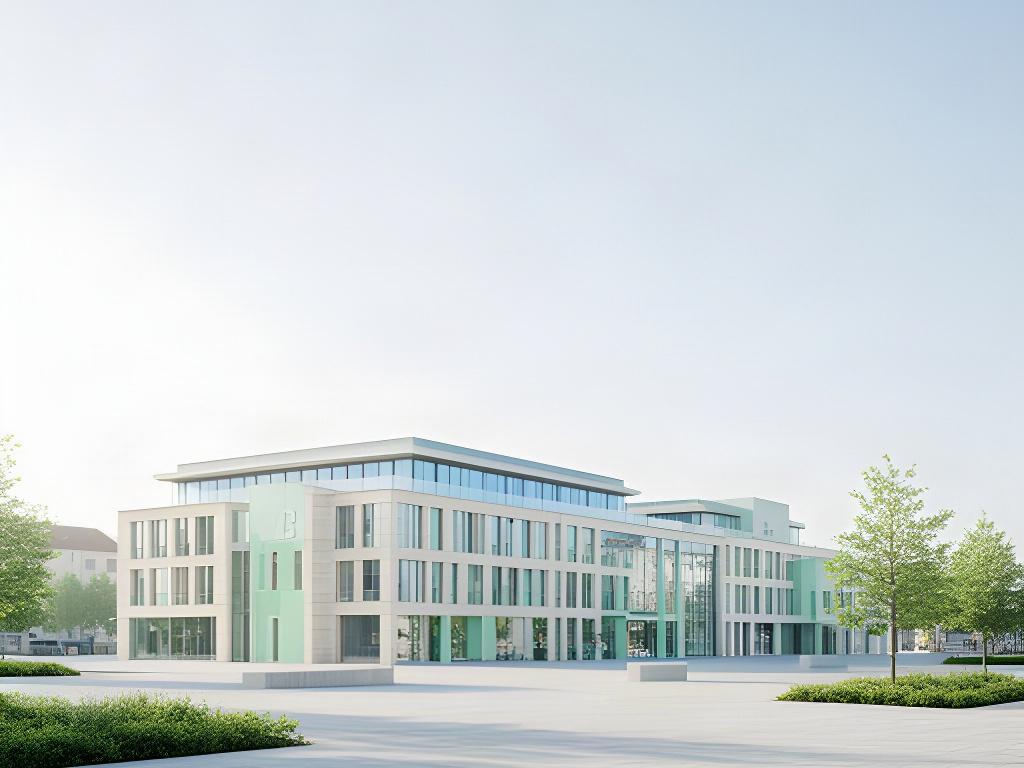 Helles Bankgebäude in Thüringen mit ruhigem Vorplatz