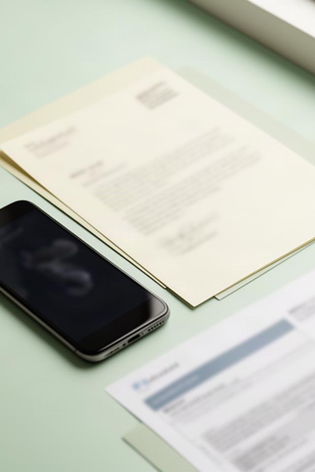 Telefon und handschriftlicher Brief neben Kontaktunterlagen eines Finanzanbieters