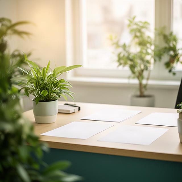 Schreibtisch mit Pflanzen und Unterlagen in einem thüringischen Büro