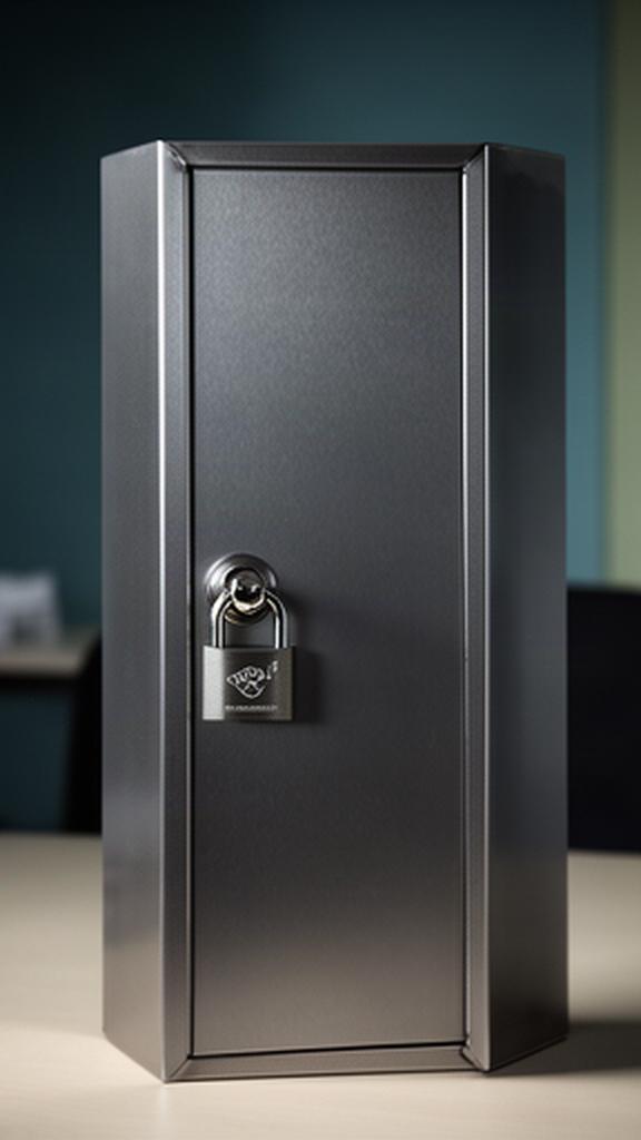 Metallene Dokumentenbox mit Schloss auf einem neutralen Bürotisch