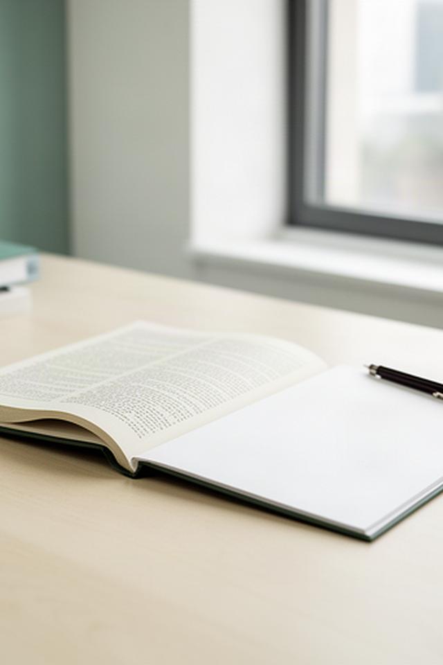 Schreibtisch mit geöffnetem Gesetzbuch und Notizblock in einem hellen Büro
