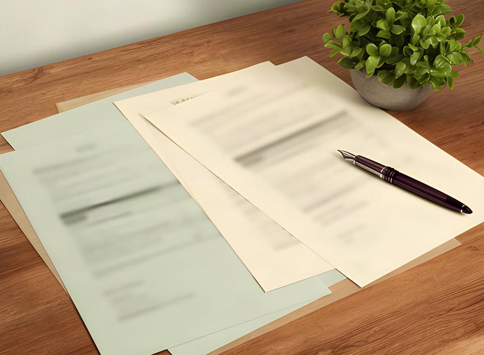 Geordnete Finanzunterlagen und Stift auf einem Holztisch neben einer Zimmerpflanze