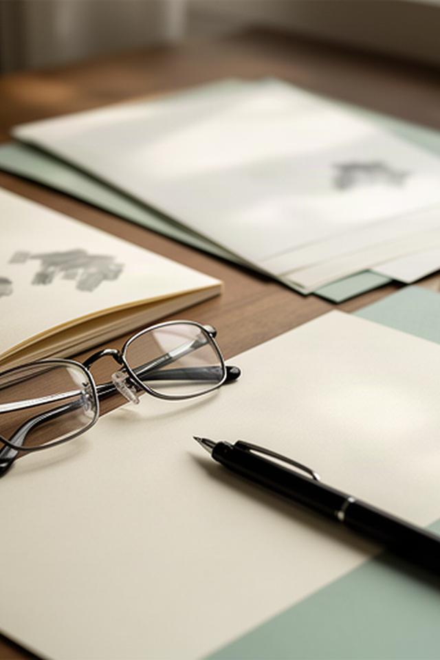 Schreibmaterial, Brille und aufgeschlagene Unterlagen auf einem ruhigen Arbeitstisch