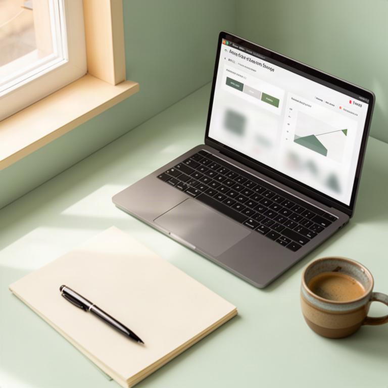 Laptop mit geöffneter Festgeldübersicht neben Notizbuch und Tasse
