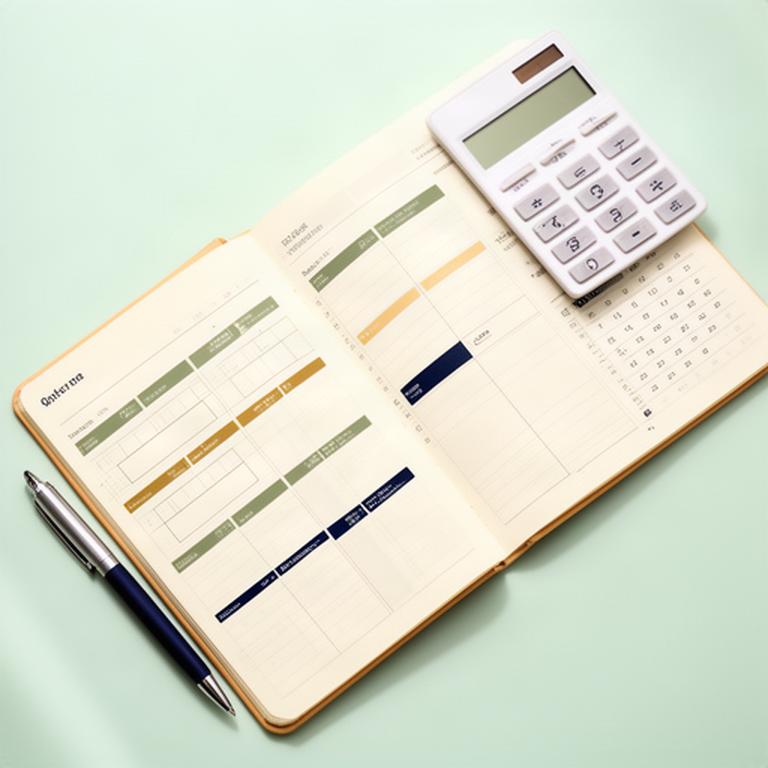 Notizbuch mit Finanzplanung, Terminen und Zinssätzen neben einem Taschenrechner