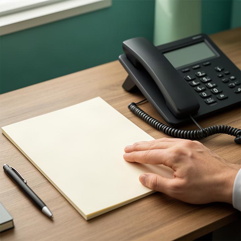 Hand auf einem Schreibtisch neben Telefon und Notizbuch für eine Finanzberatung