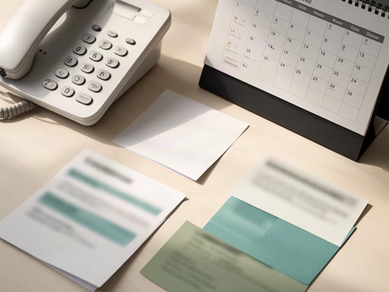Notizen zu einer Kundenanfrage neben einem Telefon und einem Kalender