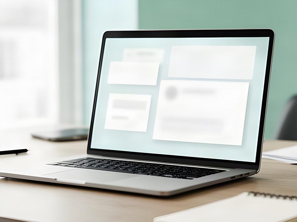 Laptop mit geöffneter E-Mail-Anwendung auf einem aufgeräumten Bürotisch