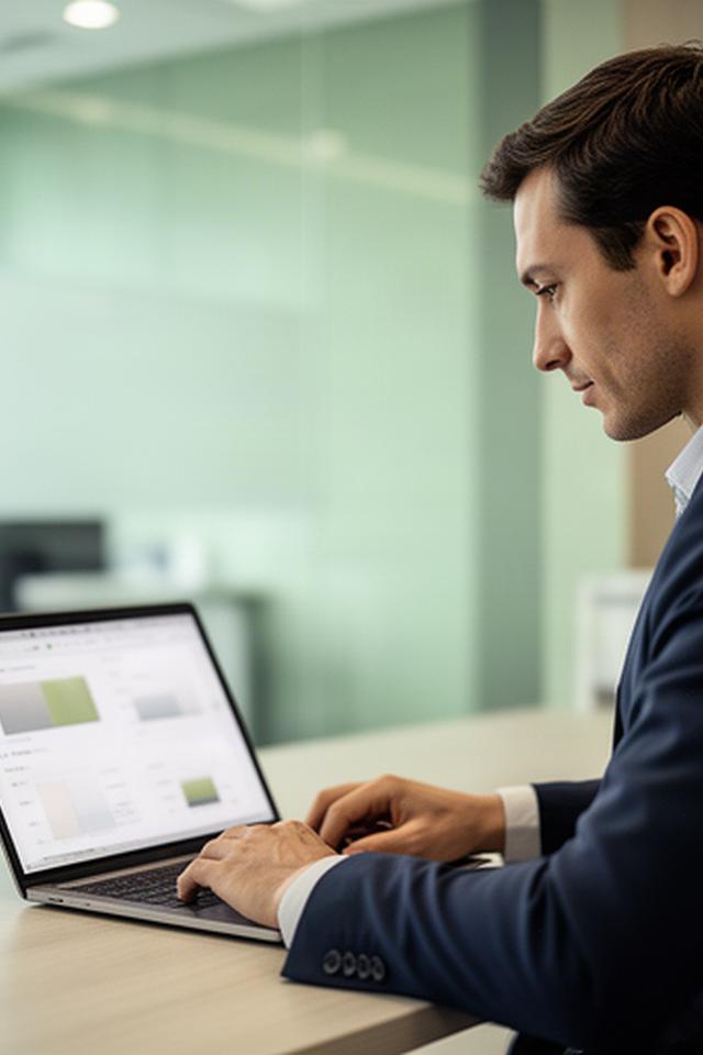 Finanzverantwortlicher prüft eine Liquiditätsplanung auf einem Laptop im Büro