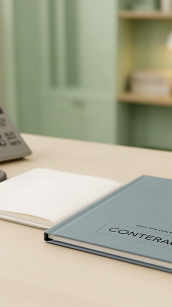 Ruhiger Kundenservice-Arbeitsplatz mit Telefon, Notizbuch und Vertragsmappe