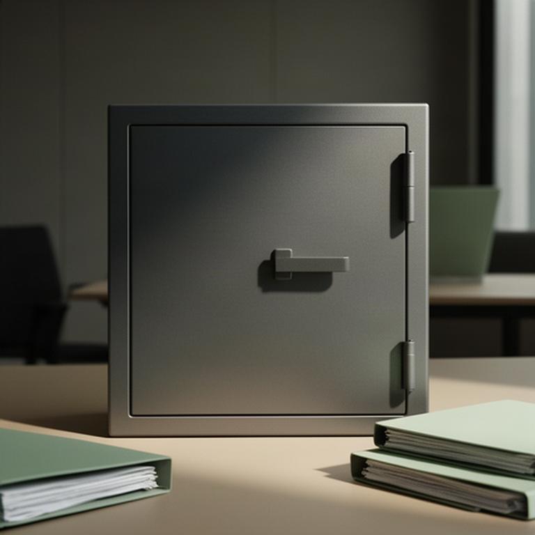 Geschlossener Tresor mit sicher verwahrten Unterlagen in einem Büro