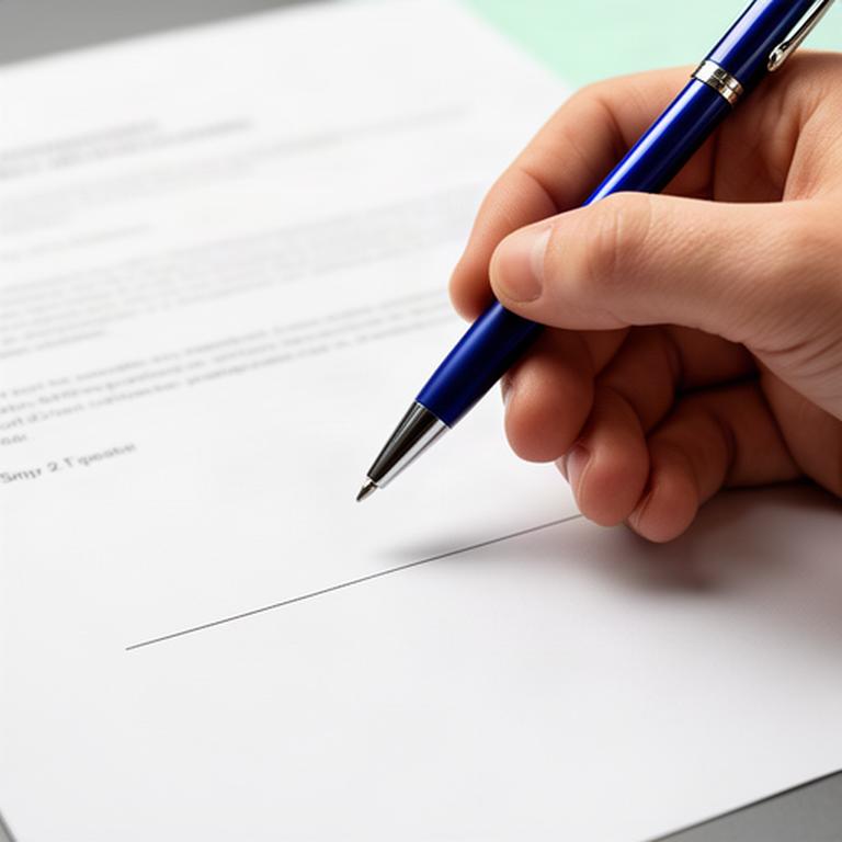 Hand unterschreibt einen Vertrag mit blauem Kugelschreiber auf weißem Papier