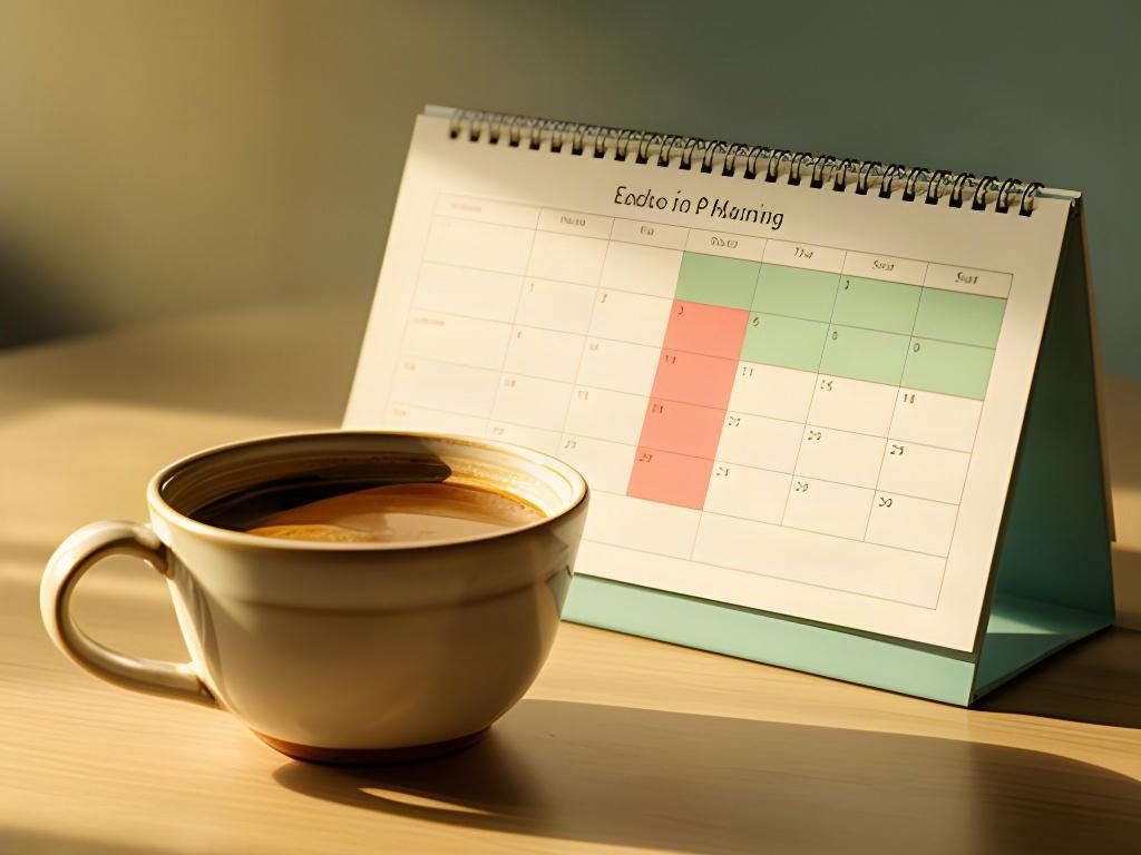Tasse Kaffee neben einem Kalender am Ende einer markierten Anlageperiode