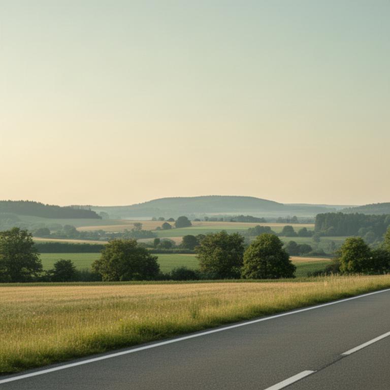 Straßenszene nahe der A 71 mit ruhiger Landschaft in Thüringen