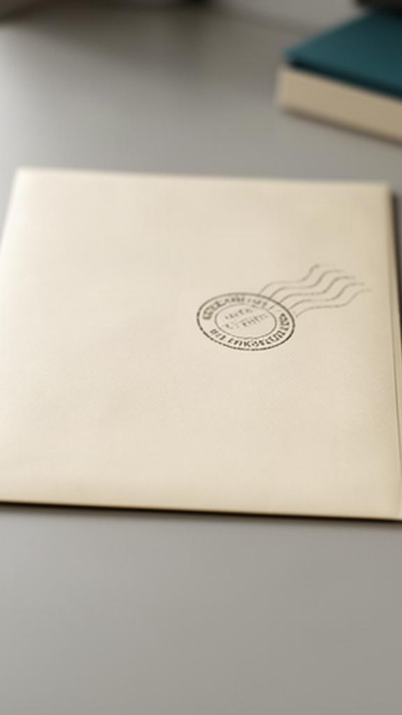 Briefumschlag und Eingangsstempel auf einem sachlichen Schreibtisch für Geschäftspost