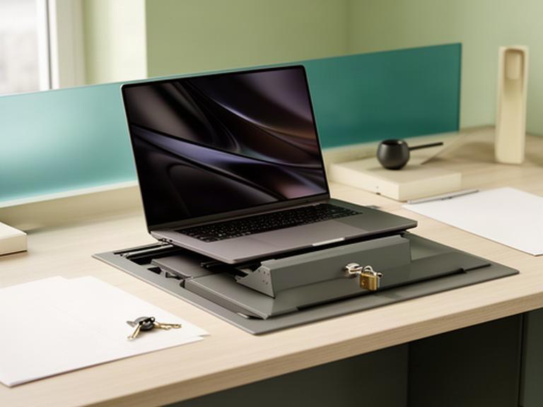 Gesicherter Arbeitsplatz mit Laptop und verschlossenem Dokumentenfach