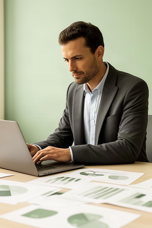 Unternehmer prüft eine strukturierte Finanzplanung mit Diagrammen am Schreibtisch