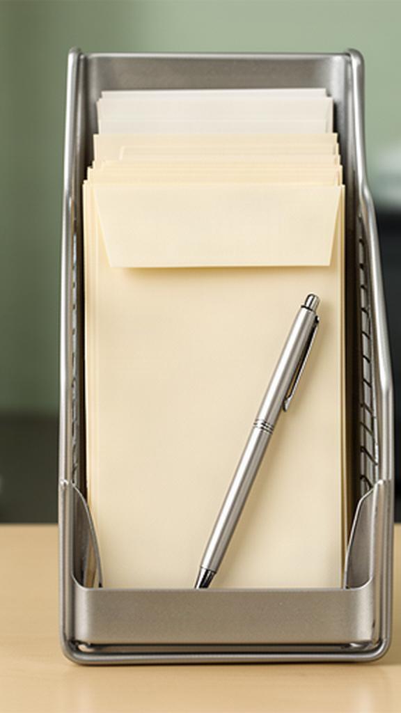 Briefablage mit sortierten Geschäftsschreiben und einem schlichten Metallstift